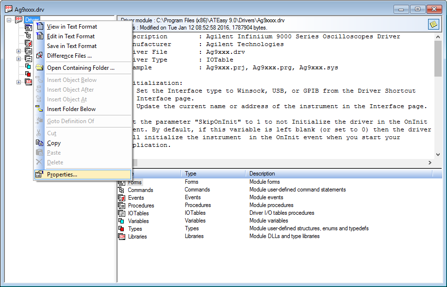 Right click the driver module and select Properties.